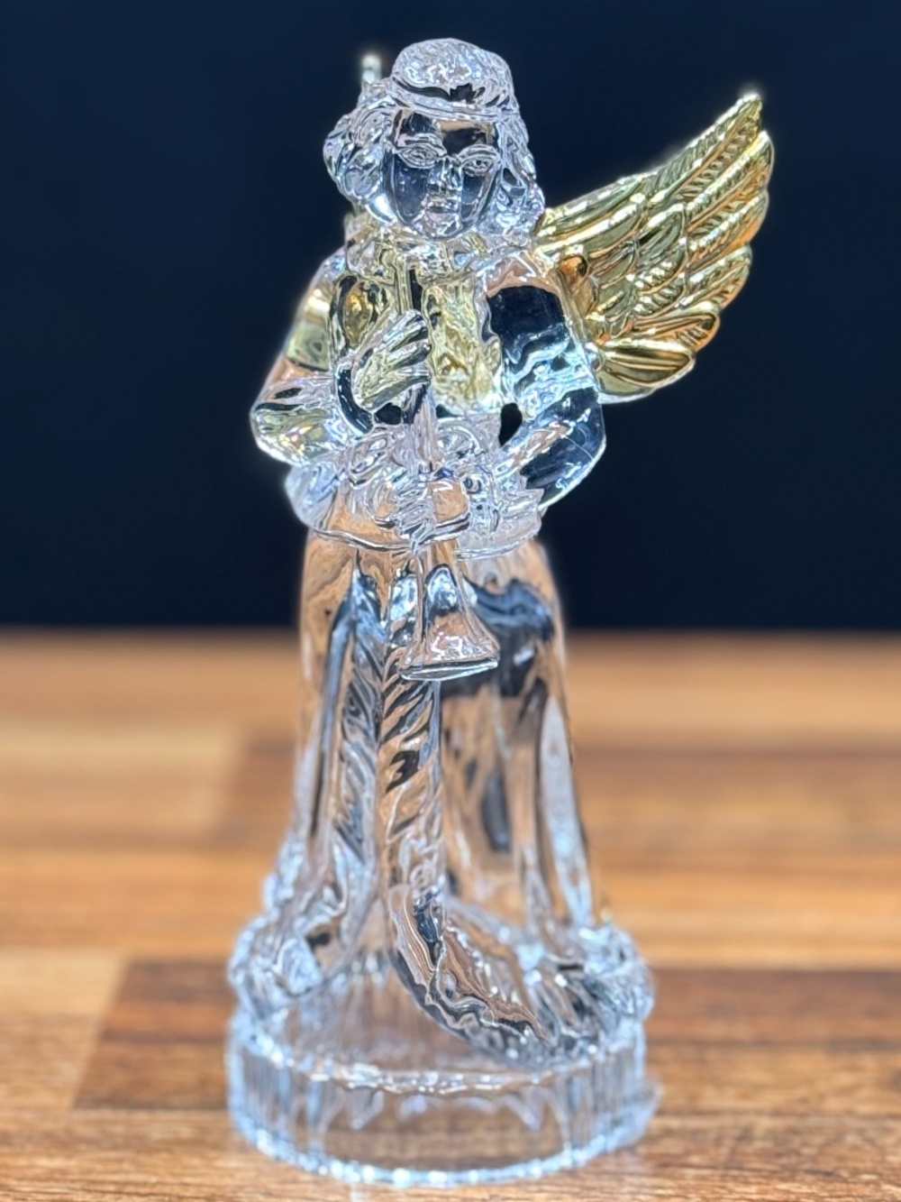 Glass Angel Playing Musical Instrument with Gold Colored Wings Figurine